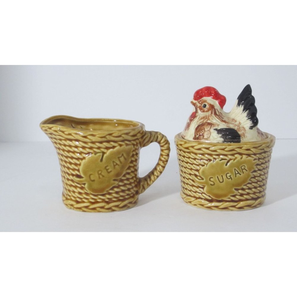 Rossini Chicken Vintage Japan Cream Sugar Basket Weave Set